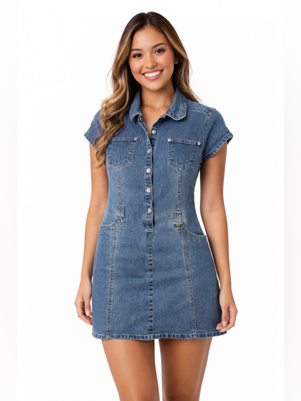2/for $20 🪩 JLO Jennifer Lopez Blue Denim Button-Front Mini Dress (Teen Large) - Picture 10 of 10